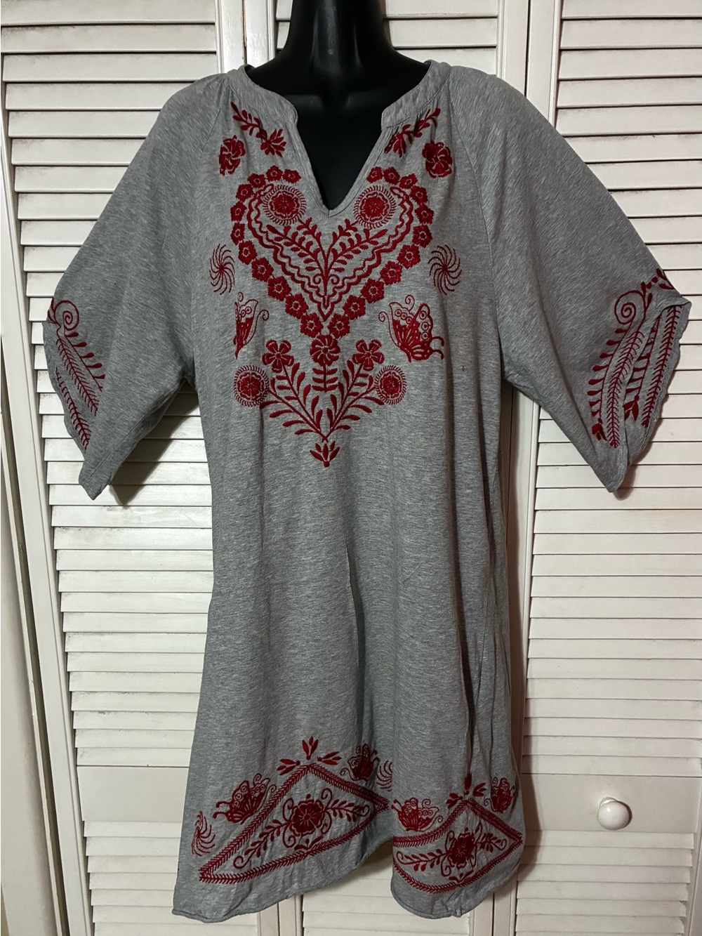 Johnny Was Grey Tunic with Red Heart & Floral Embroidery